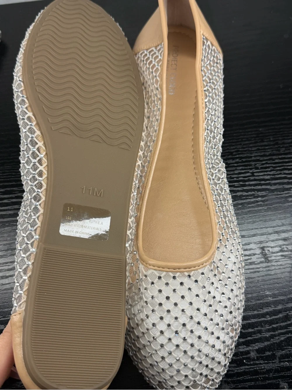 Women's Beige Mesh Ballet Flats with Rhinestone Accent